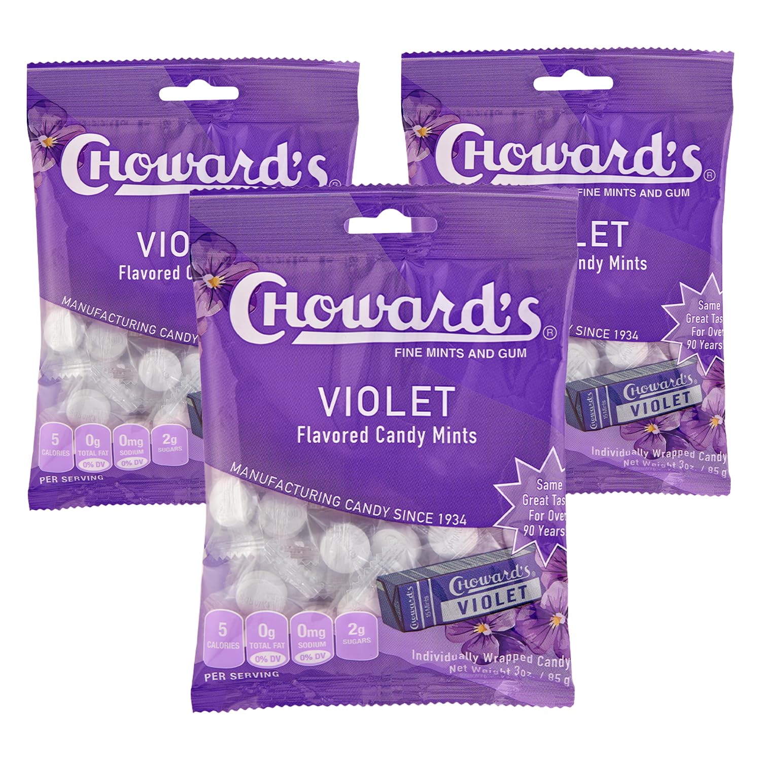 Choward's Violet Mints candy bag showing classic aroma for a refreshing treat.