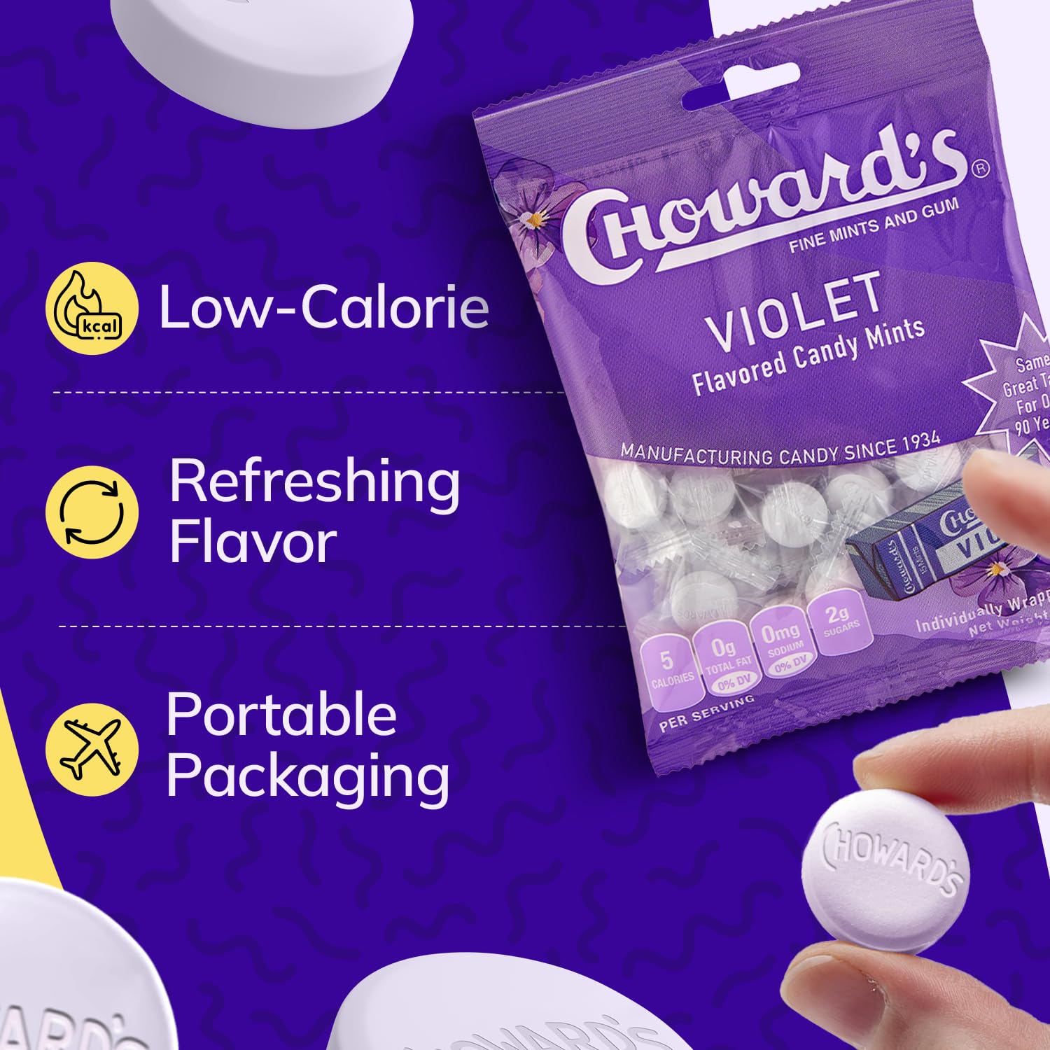 Choward's Violet Mints kept in a bag for quick breath refresh.