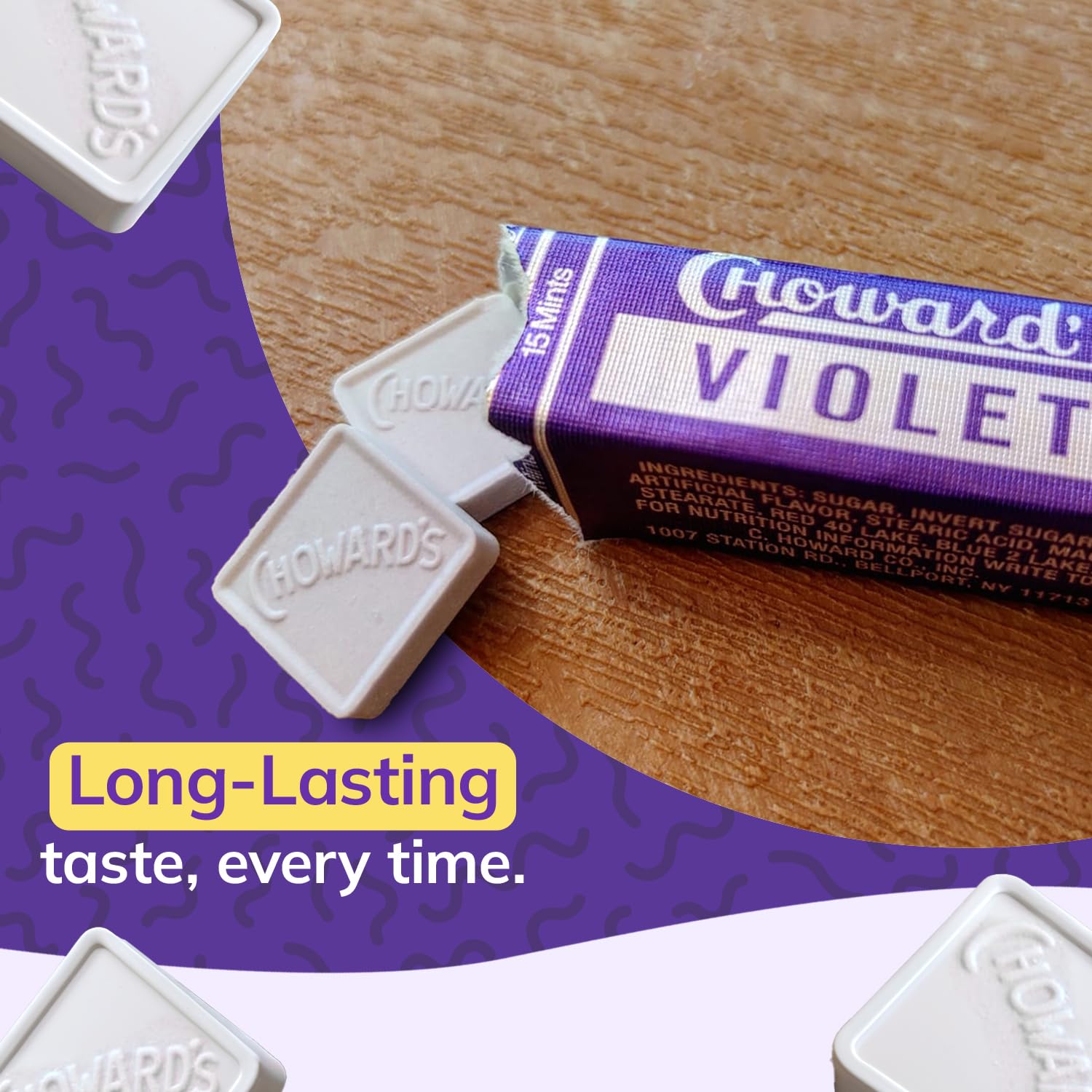 Choward's Violet Mints open-pack scene invites tasting during travel or breaks.