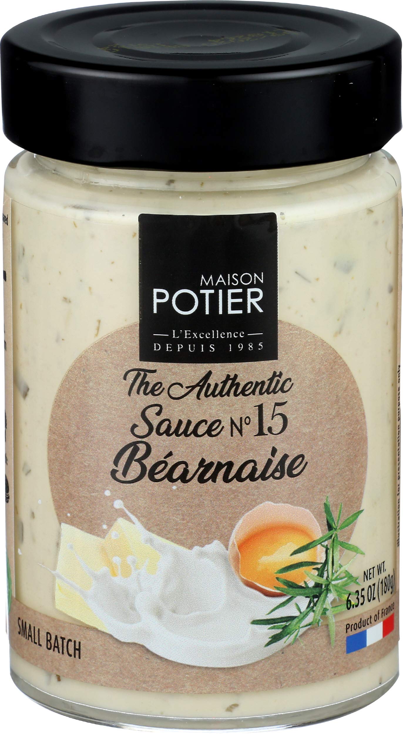 Christian Potier Bearnaise sauce jar on counter, ready to elevate steak nights with silky herby richness.