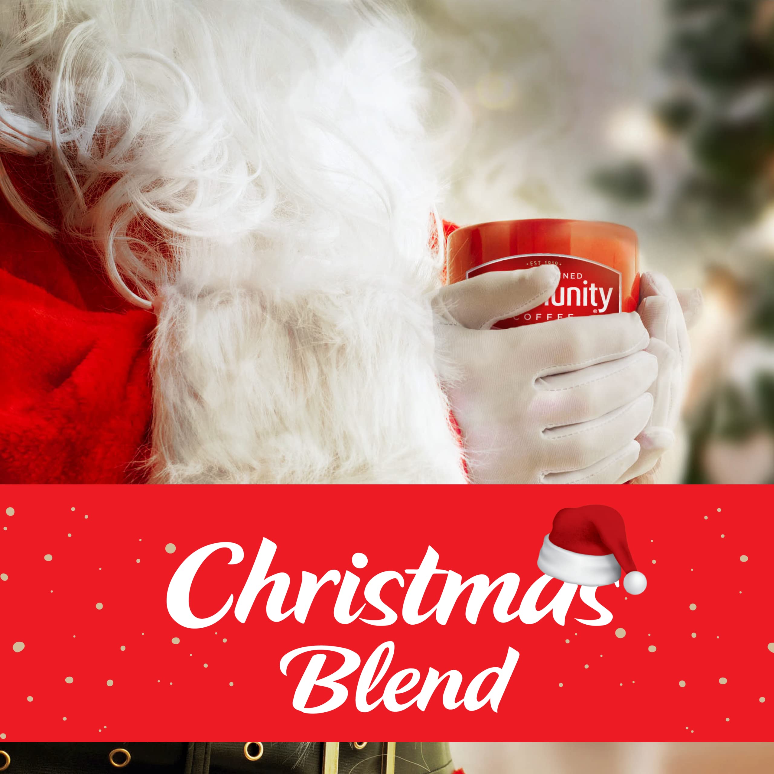 Holiday packaging and design reflecting Christmas Blend with festive touches.