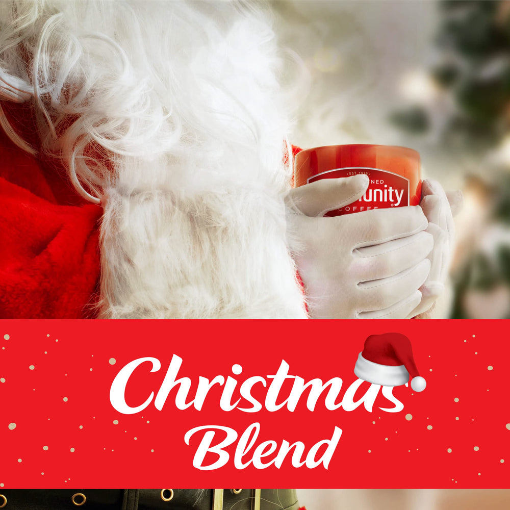 Holiday packaging and design reflecting Christmas Blend with festive touches.
