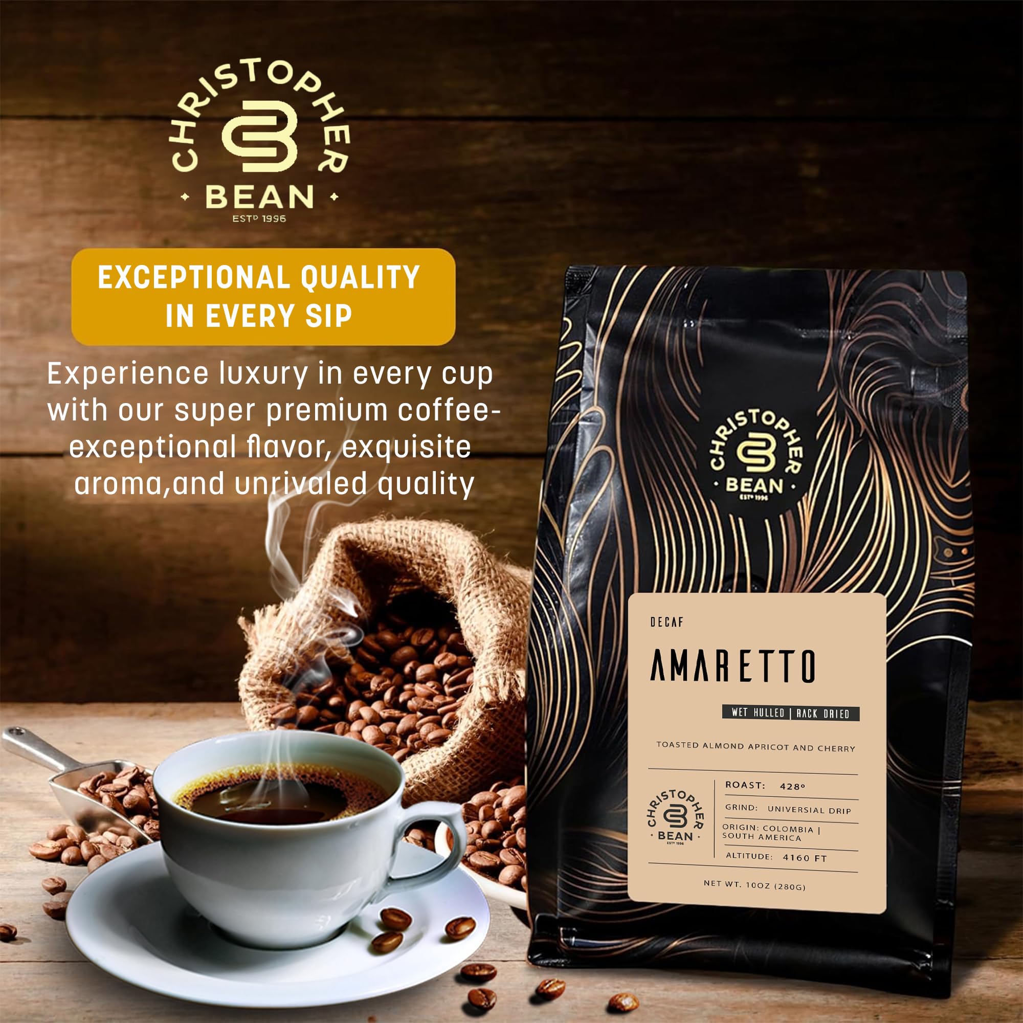 Christopher Bean Coffee amaretto decaf cup showing creamy, aromatic flavors for a satisfying after-dinner ritual.