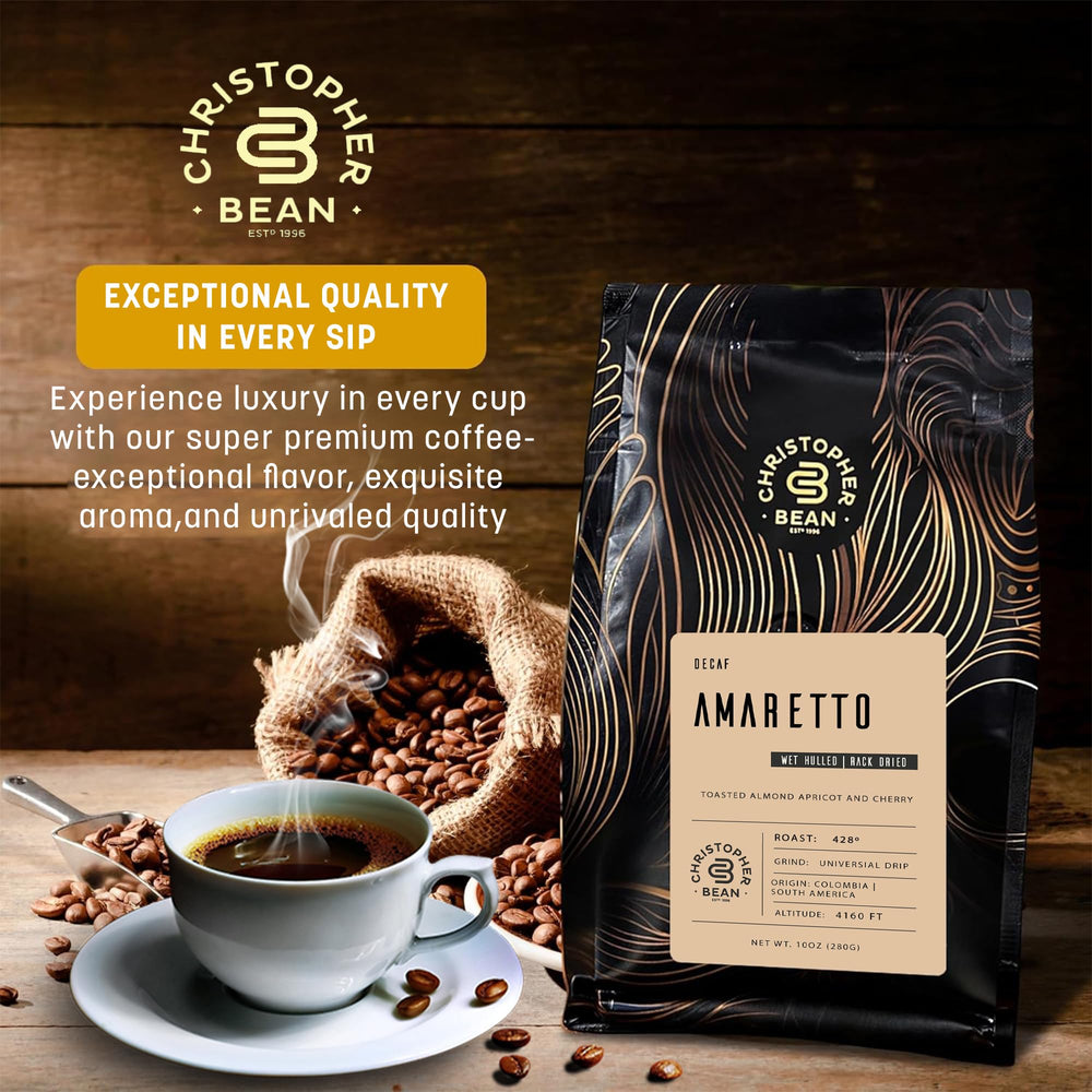 Christopher Bean Coffee amaretto decaf cup showing creamy, aromatic flavors for a satisfying after-dinner ritual.