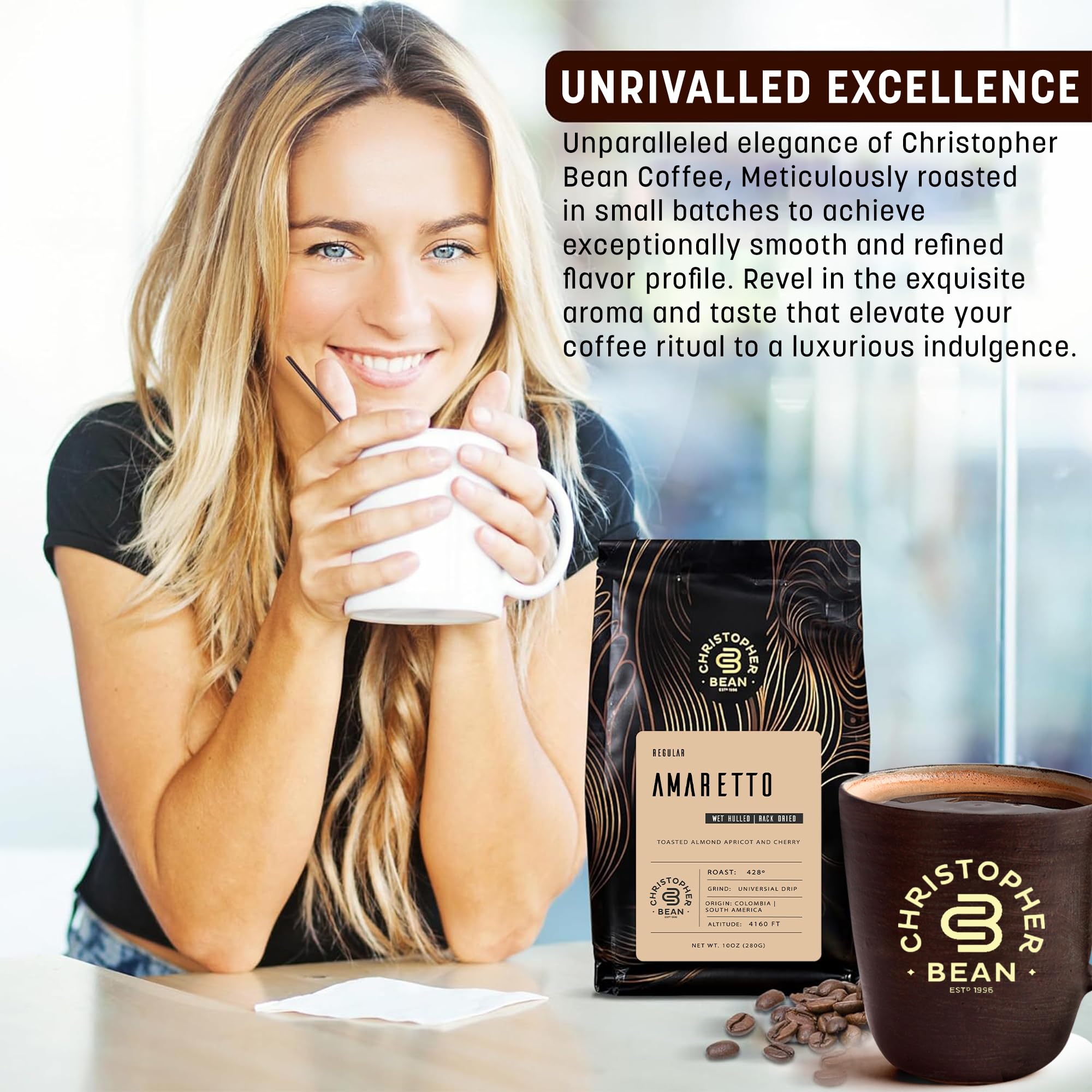 Freshness-sealed Christopher Bean amaretto coffee bag preserves bold notes.
