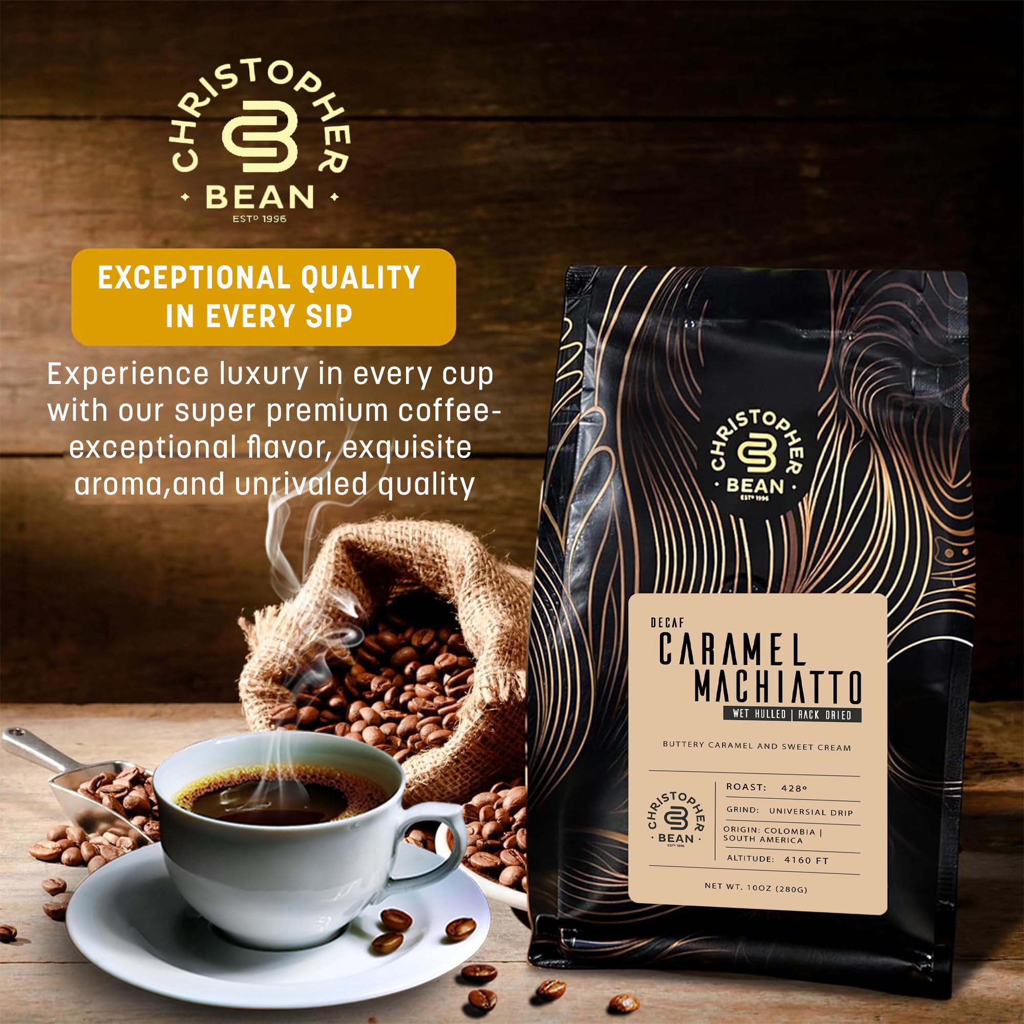 Christopher Bean Coffee caramel macchiato cup highlighting aroma and indulgent flavor.