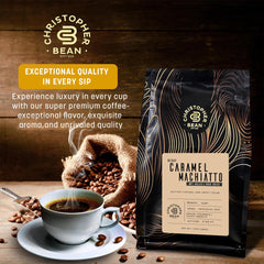 Christopher Bean Coffee caramel macchiato cup highlighting aroma and indulgent flavor.