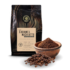 Christopher Bean Coffee decaf ground caramel macchiato bag showcases freshness for flavorful brews.
