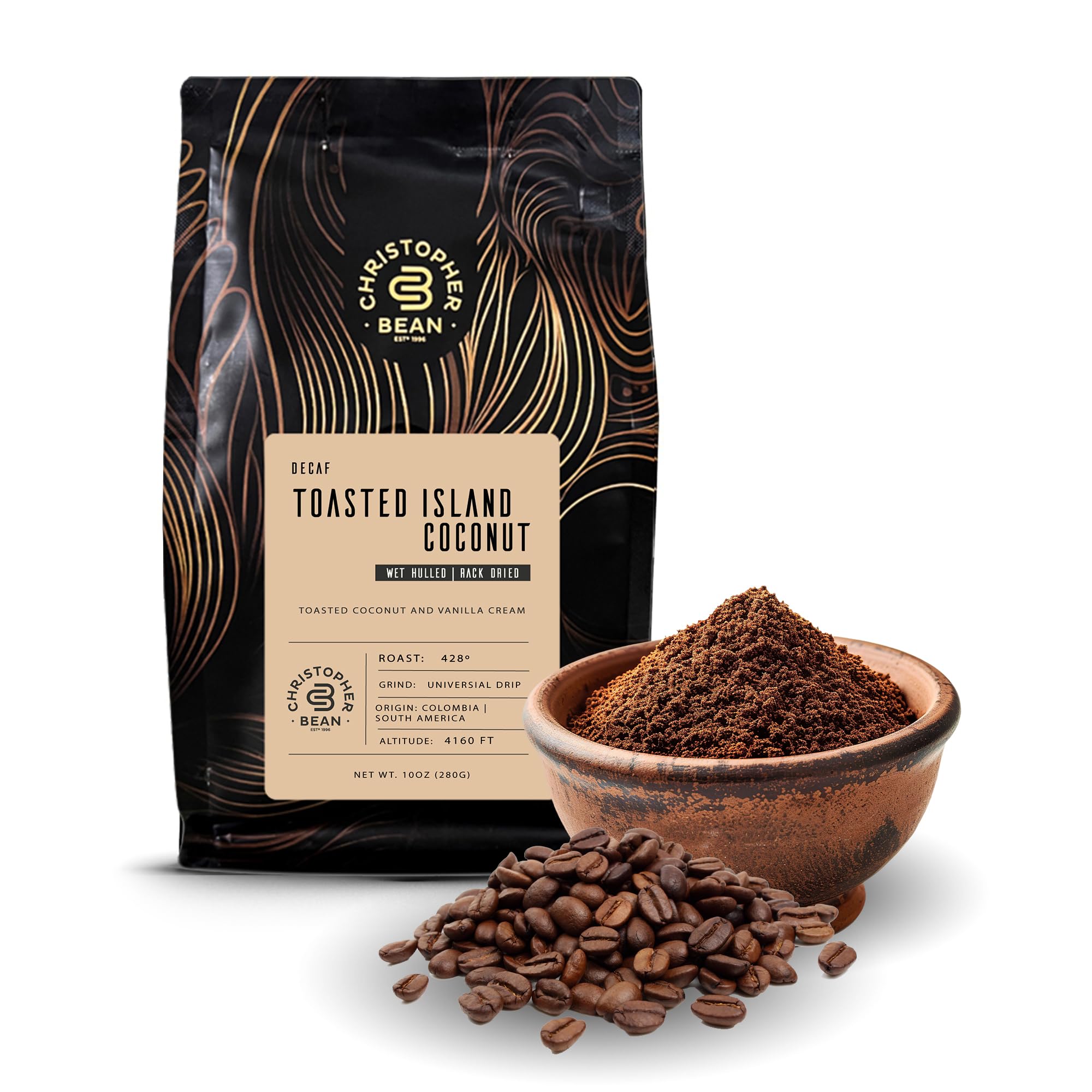 Christopher Bean Coffee island coconut decaf ground with rich aroma for cozy mornings