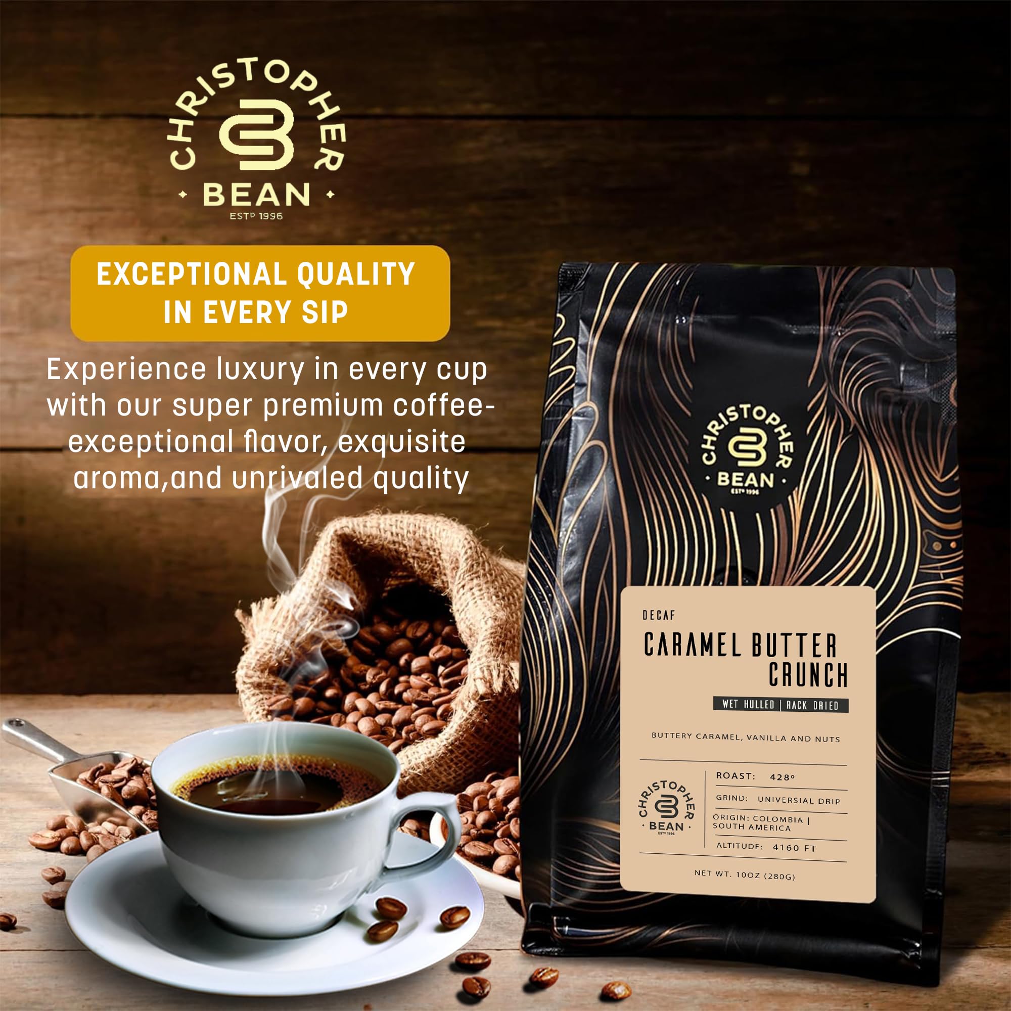 Christopher Bean Coffee kosher-certified decaf highlights clean flavor for mindful sipping.