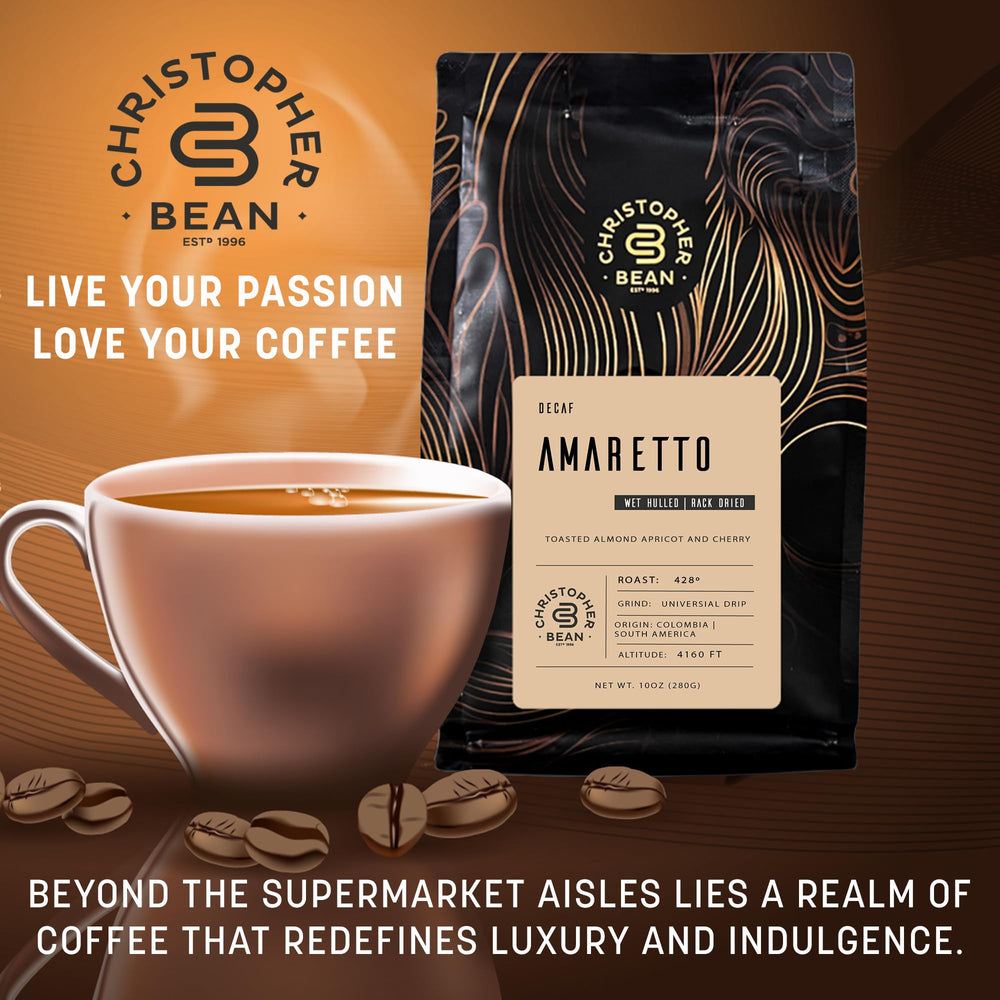 Christopher Bean Coffee packaging freshness seal ensures flavor across each 10-ounce bag.