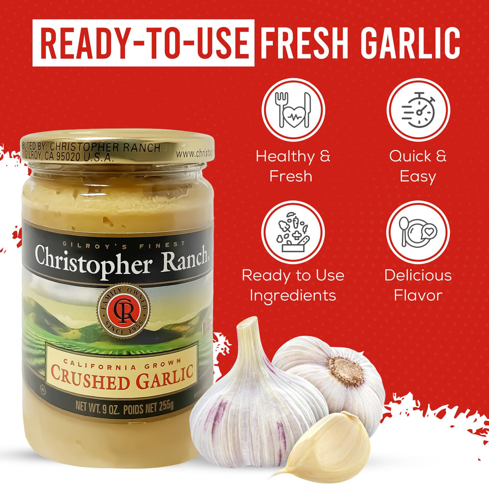 Christopher Ranch Crushed Garlic in Olive Oil jar front label shows premium heirloom garlic.