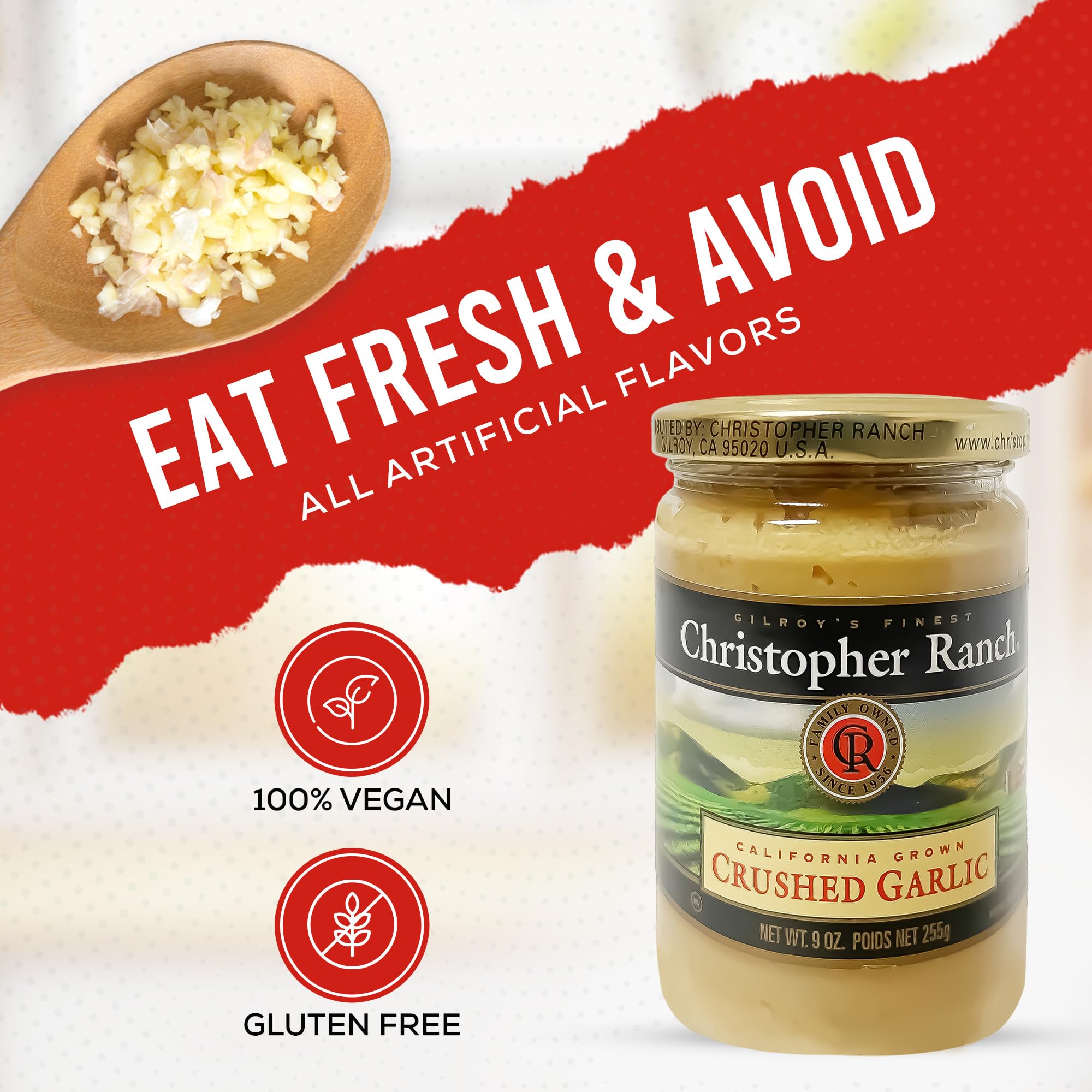 Christopher Ranch Crushed Garlic jar shows color and aroma for roasting vegetables.