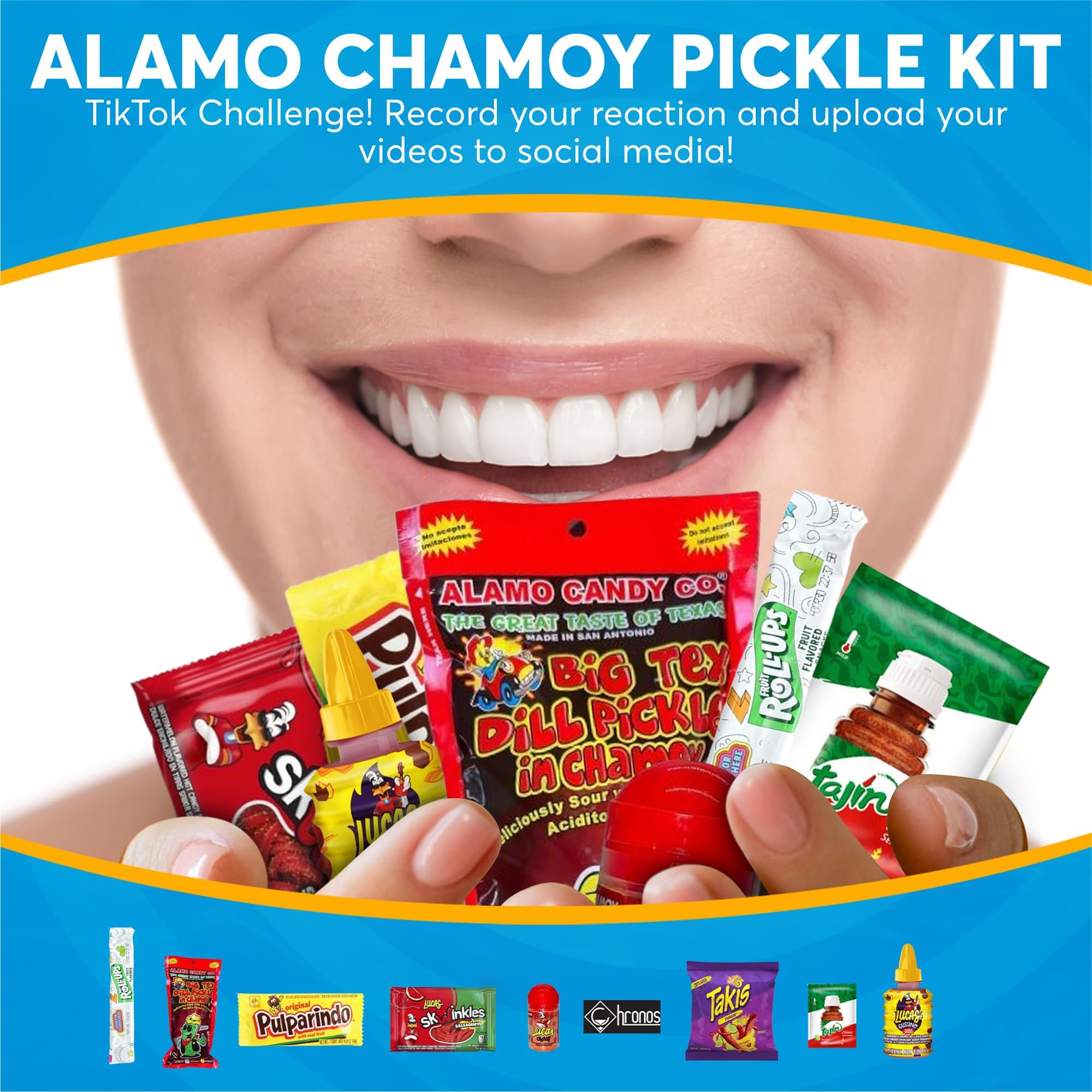 CHRONOS Tajin, Fruit Roll-Ups, and magnet showcased for social moments.