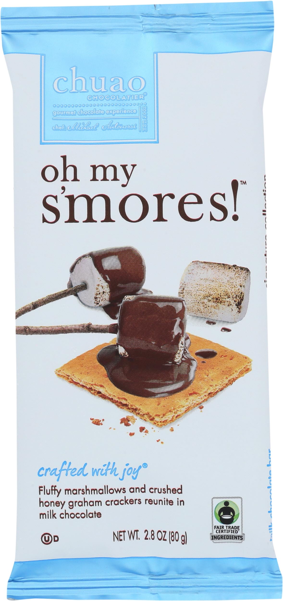Chuao Chocolatier Milk Smores packaging highlights premium ingredients for gourmet snacking.
