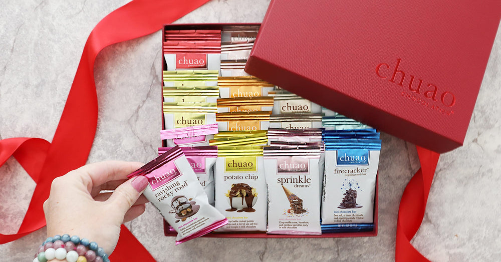Chuao Chocolatier gift box holiday display invites celebrations.