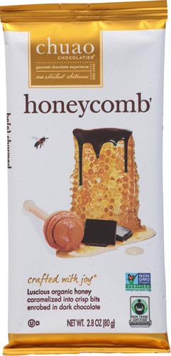 Chuao Chocolatier honeycomb bite, amber crystal textures, ideal for dessert topping.