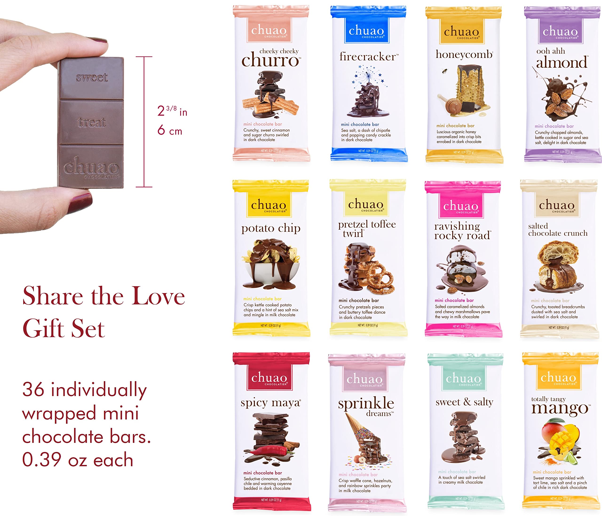 Chuao Chocolatier mini bars assortment closeup highlights diverse flavors for tasting.