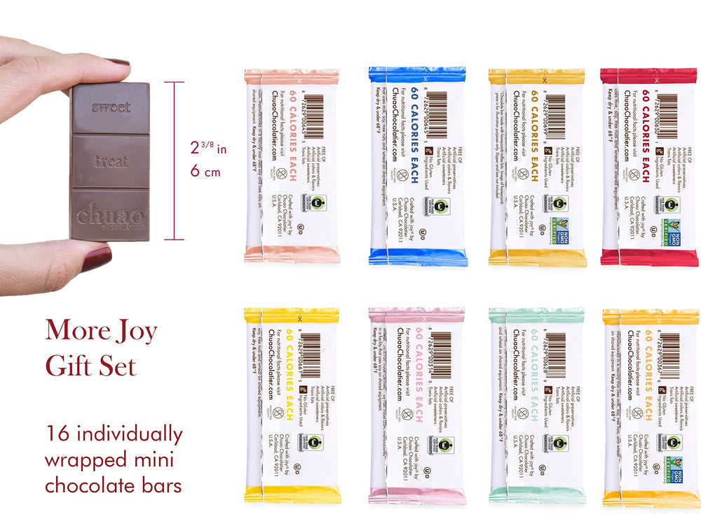 Milk chocolate bars arranged to showcase eight flavors inside the More Joy box.