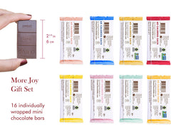 Milk chocolate bars arranged to showcase eight flavors inside the More Joy box.