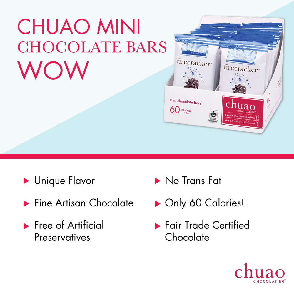 Chuao Firecracker bar close-up highlighting glossy chocolate texture, perfect for gifts
