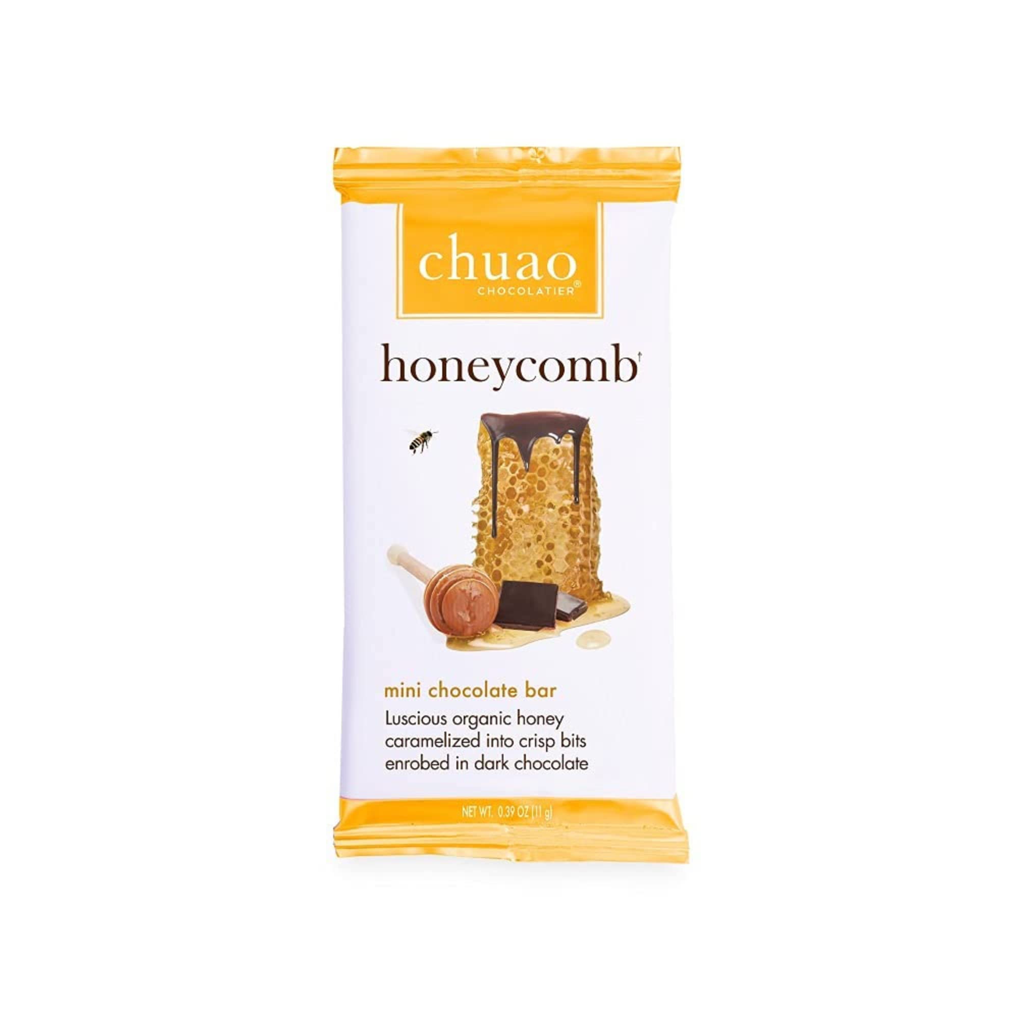Close-up of Chuao honeycomb mini bar showing caramelized honey bits and depth.