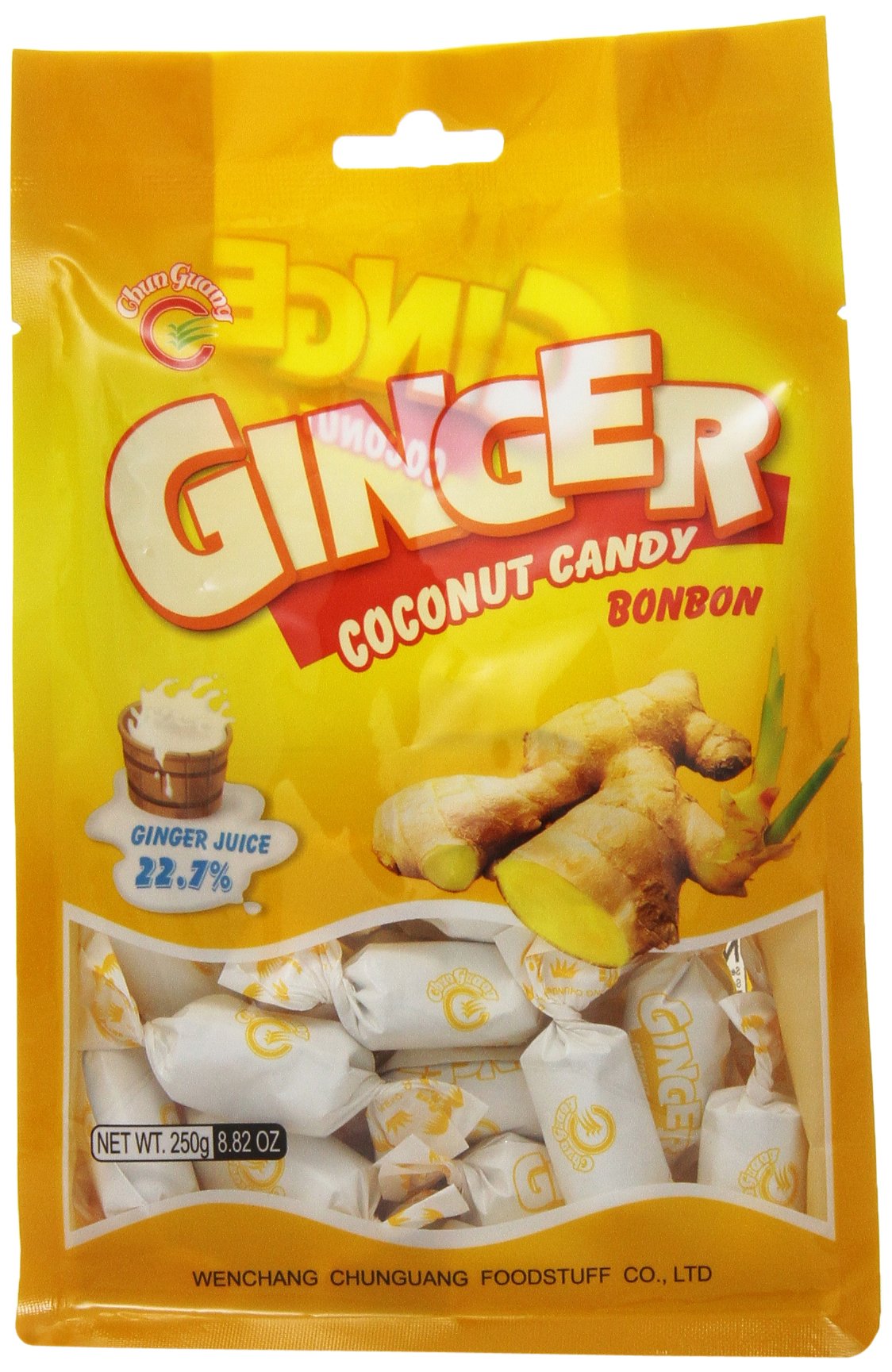 Chun Guang ginger coconut candy wrapper close-up, portable snack option.