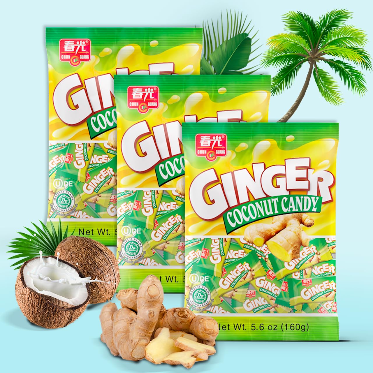 Chun Guang ginger coconut candy 3-pack back, shows packaging and serving suggestions.