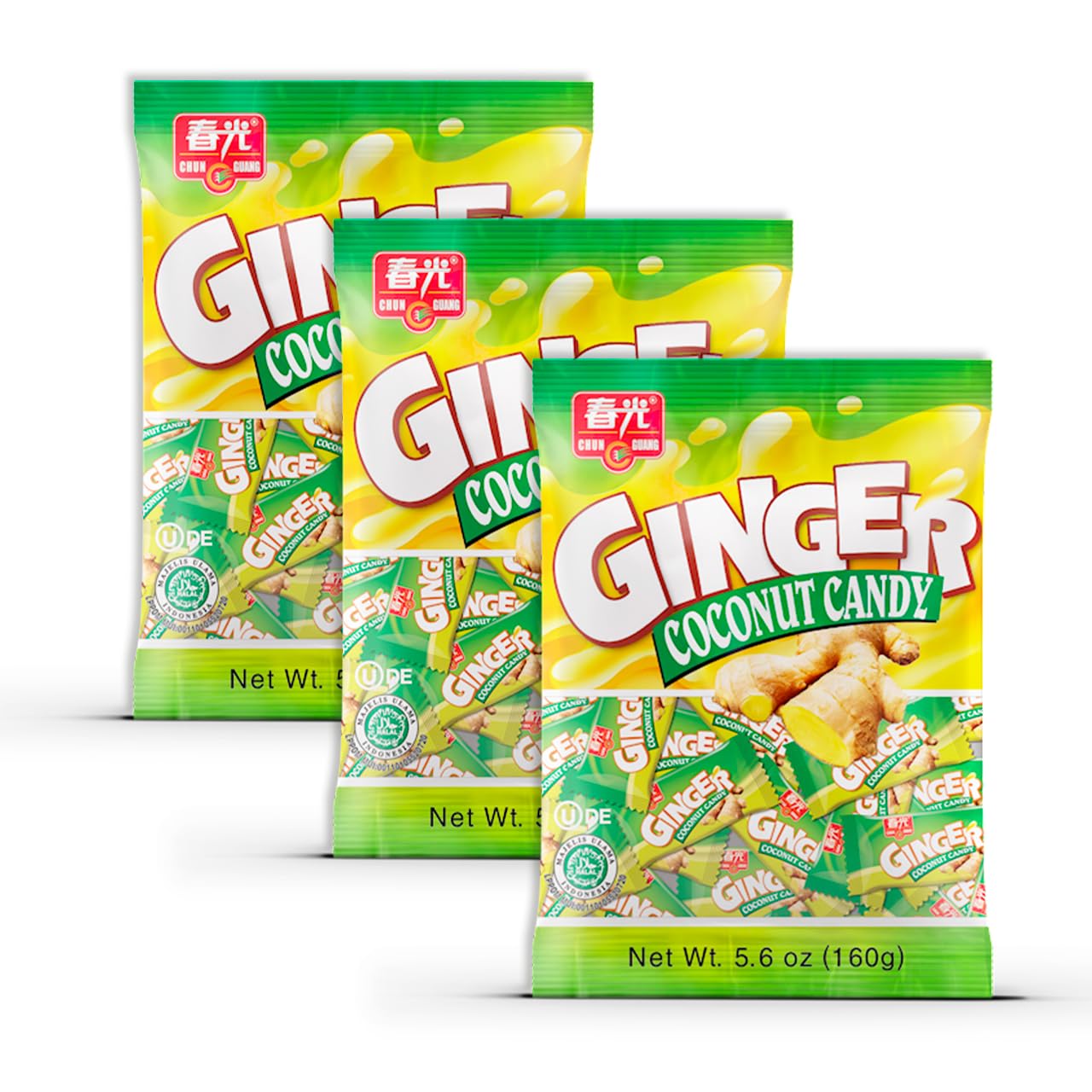 Chun Guang ginger coconut candy 3-pack front view, ideal on-the-go snack.