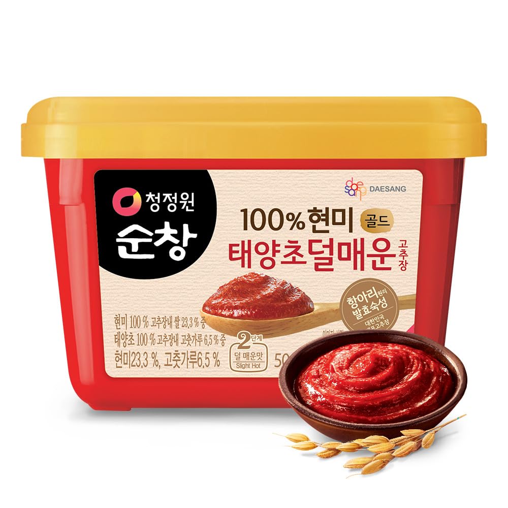 Chung Jung One gochujang mild jar close-up for authentic Korean flavor and versatility.
