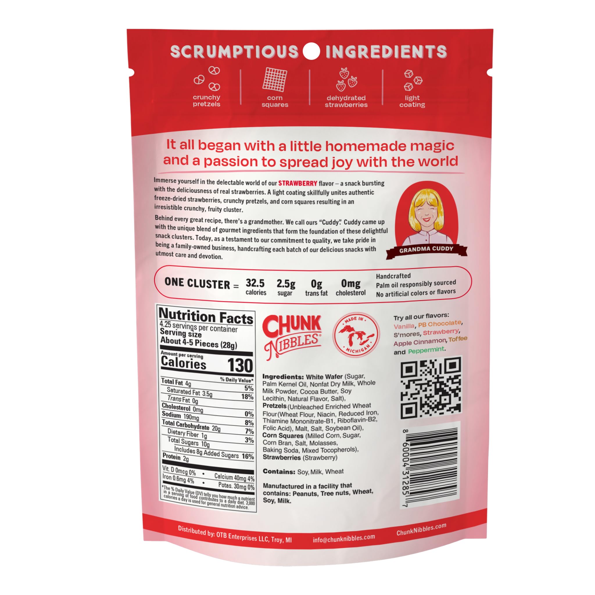 Three-pack display of Chunk Nibbles for convenient portions and sharing.