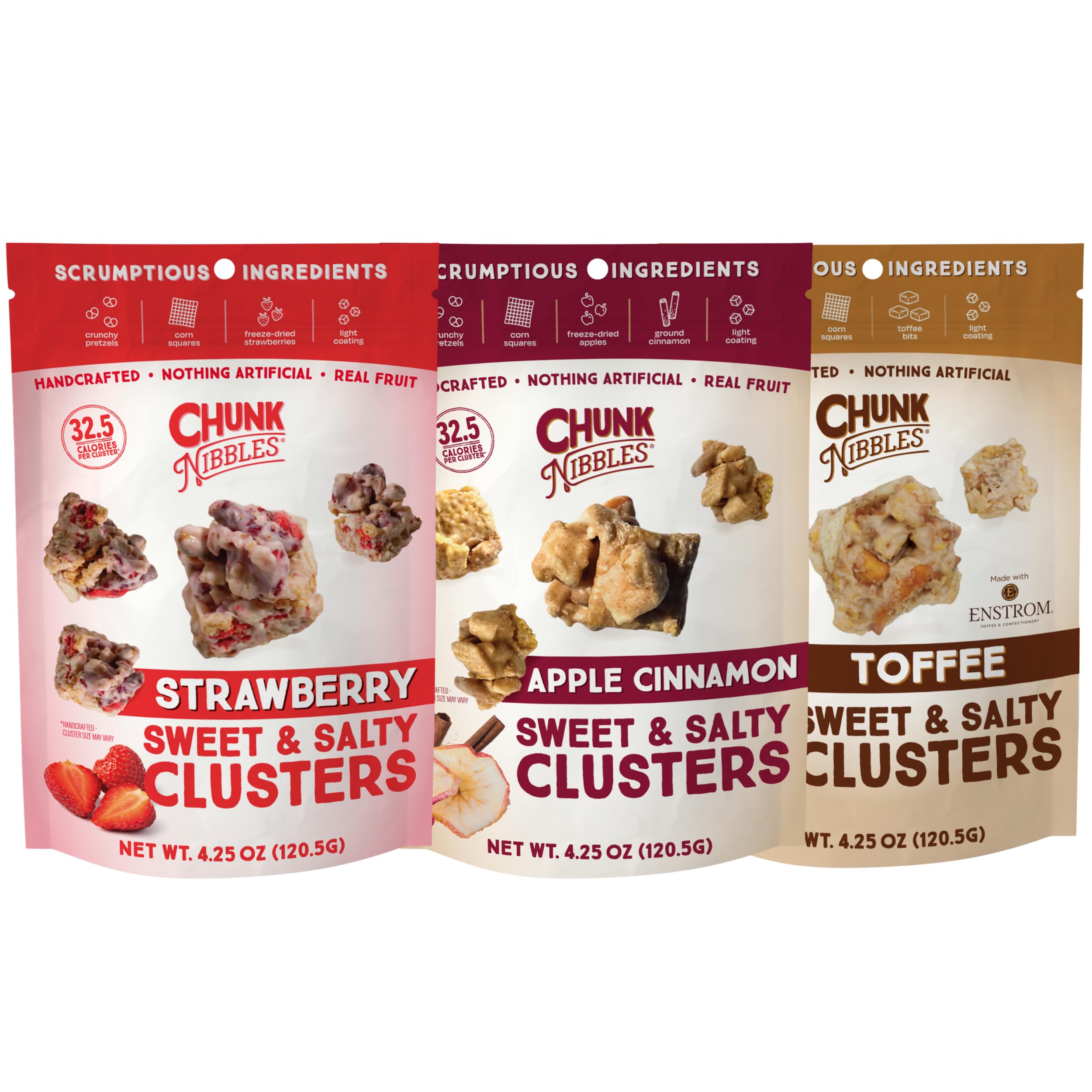 Chunk Nibbles strawberry clusters in a bright pouch, a fruity-sweet snack for lunchboxes.
