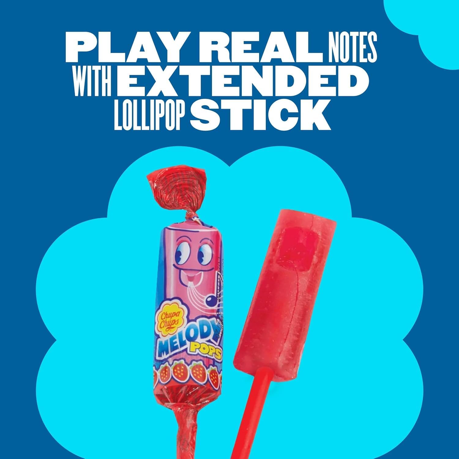 Chupa Chups Melody Pop blue raspberry close-up highlights bright candy color.
