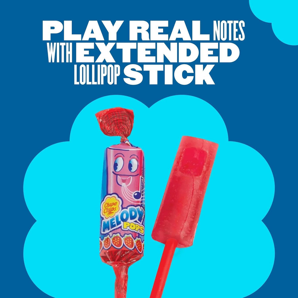Chupa Chups Melody Pop blue raspberry close-up highlights bright candy color.