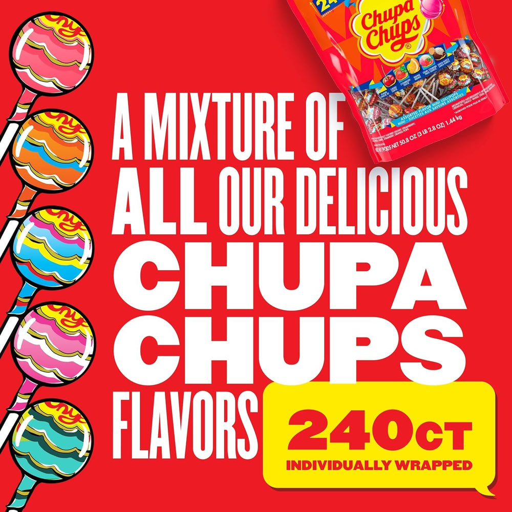 Chupa Chups cherry lollipops with bold fruit flavor.