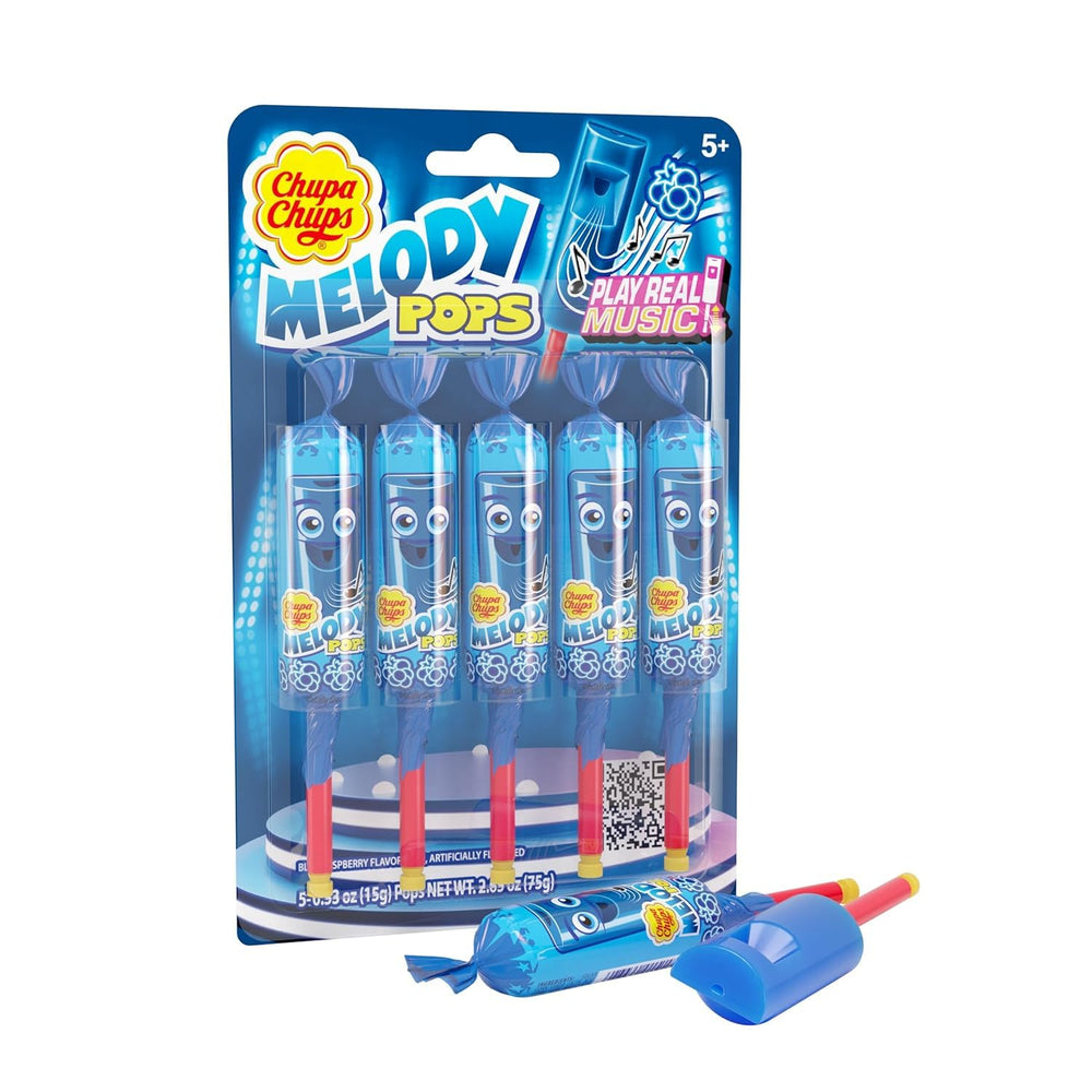 Chupa Chups Melody Pop blue raspberry whistle lollipop for playful notes and flavor.