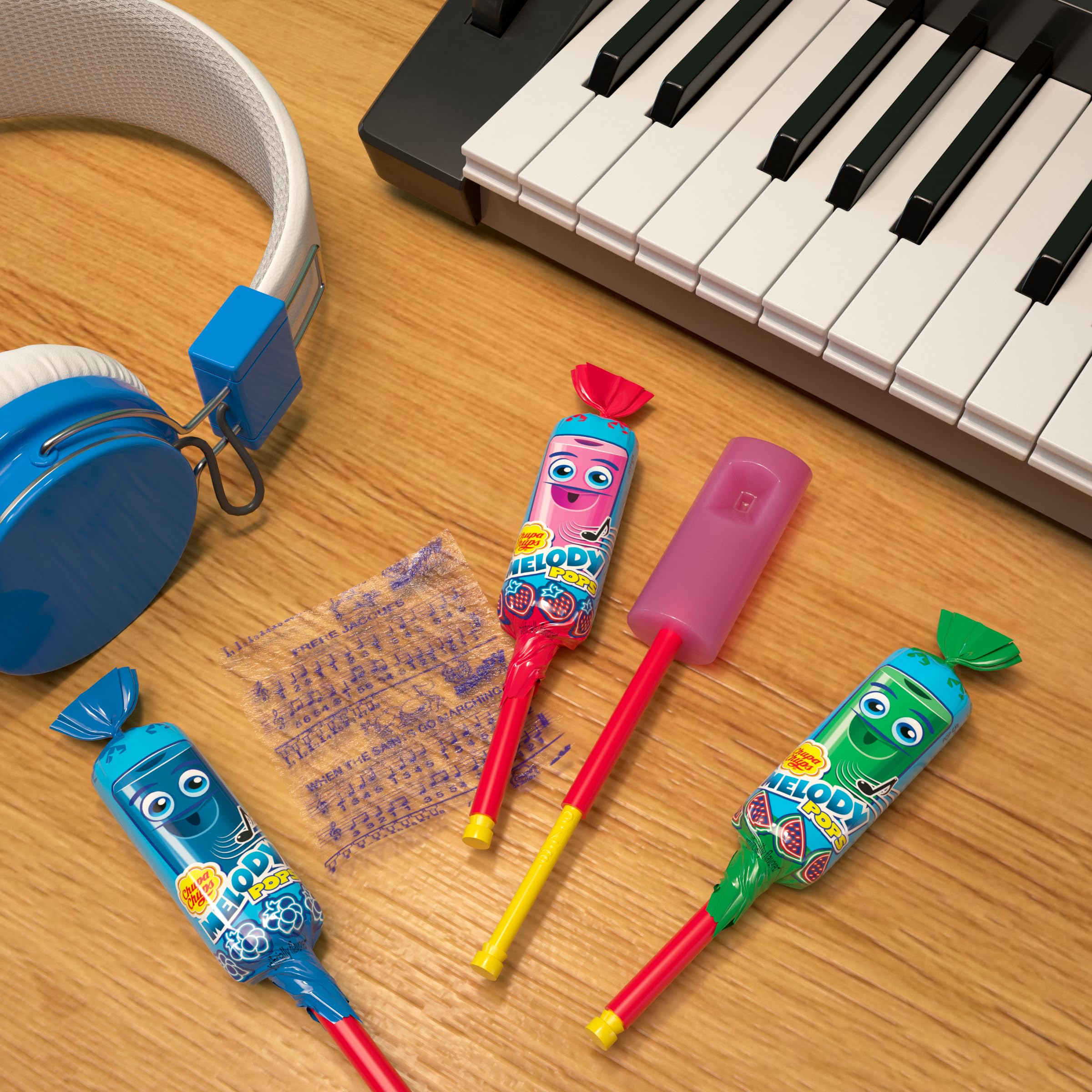 Chupa Chups Melody Pop packaging emphasizes freshness and travel-friendly wrap.