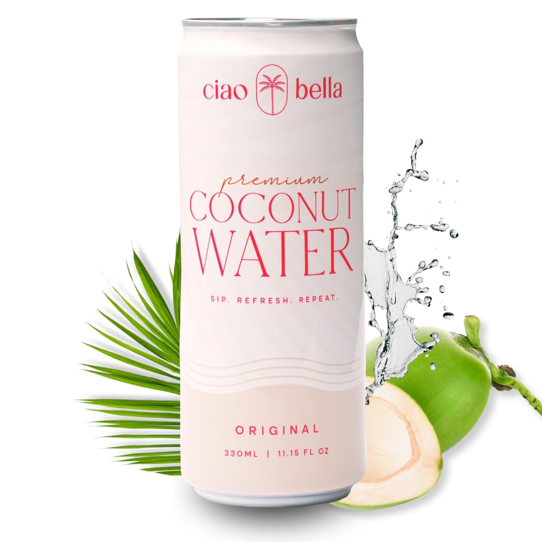 CIAO BELLA Premium Coconut Water bottle shown for natural hydration on the go.