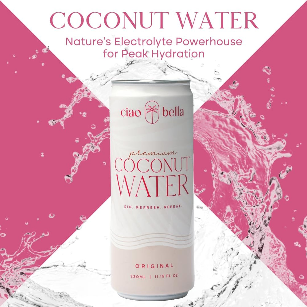 CIAO BELLA Premium Coconut Water glass being poured for post-workout rejuvenation.