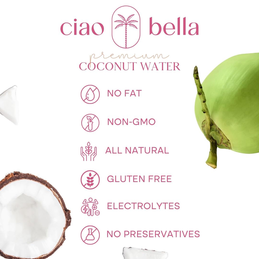 CIAO BELLA Premium Coconut Water label close-up highlights non-GMO ingredients.