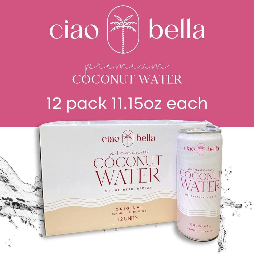 CIAO BELLA Premium Coconut Water 12-pack on shelf for convenient everyday hydration.