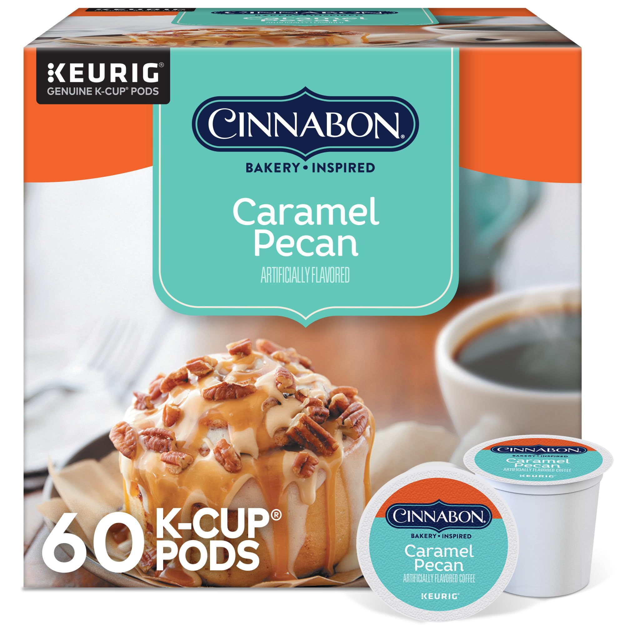 CINNABON caramel pecan coffee K-Cup pods for Keurig brewers.
