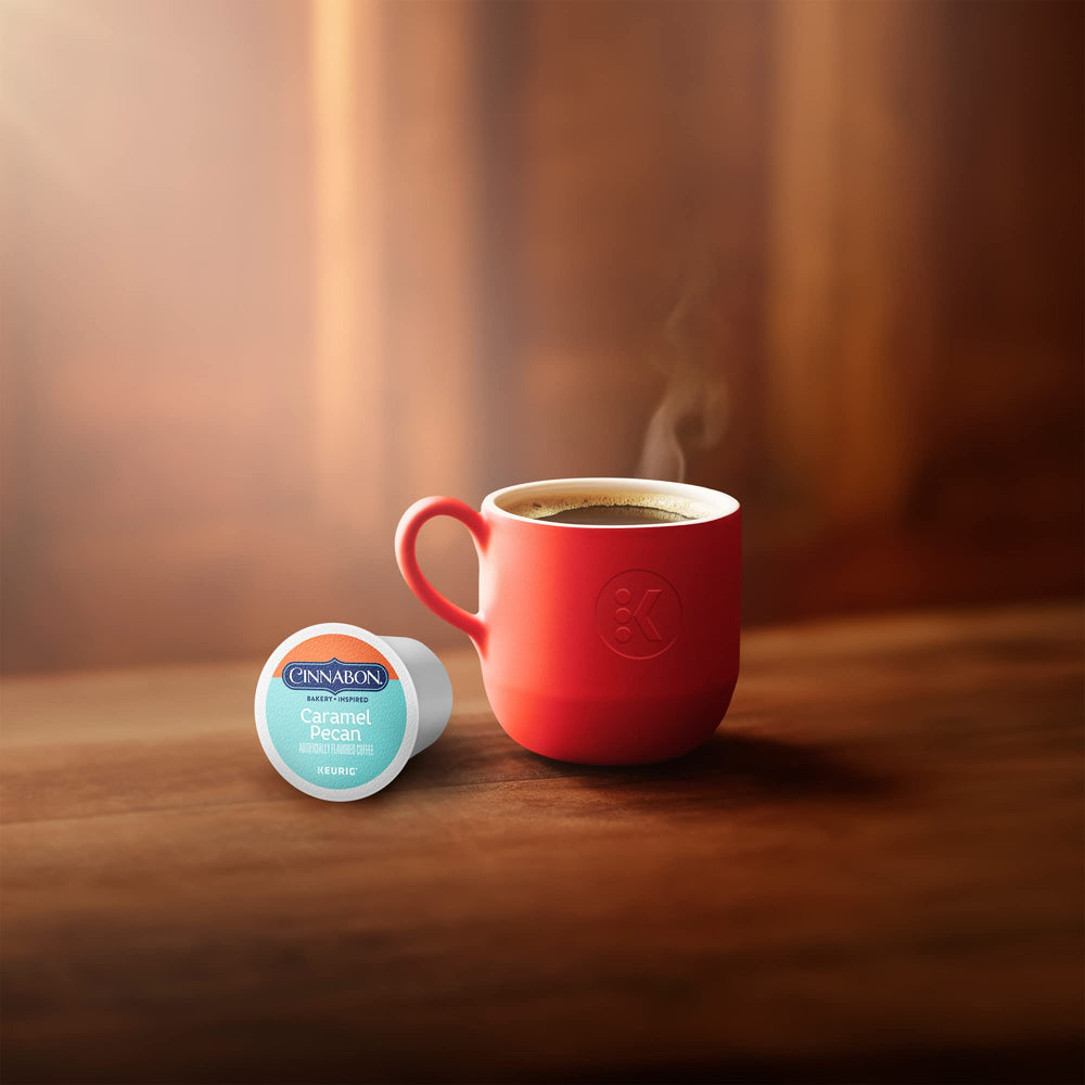 CINNABON caramel-pecan-coffee-recyclable-pod emphasizing sustainability.