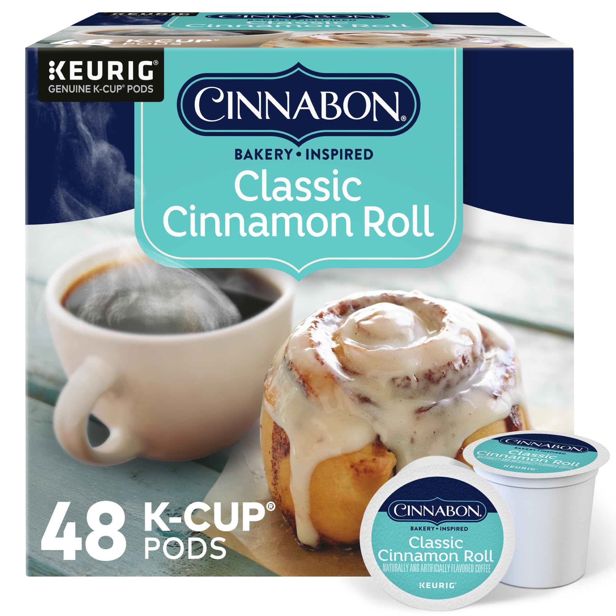 CINNABON Classic Cinnamon Roll K-Cup pod close-up for a quick morning pick-me-up.