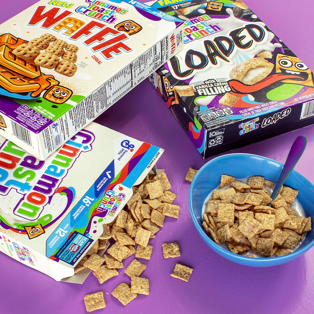 Cinnagraham Toast Crunch crunchy squares with cinnamon swirls shown up close.
