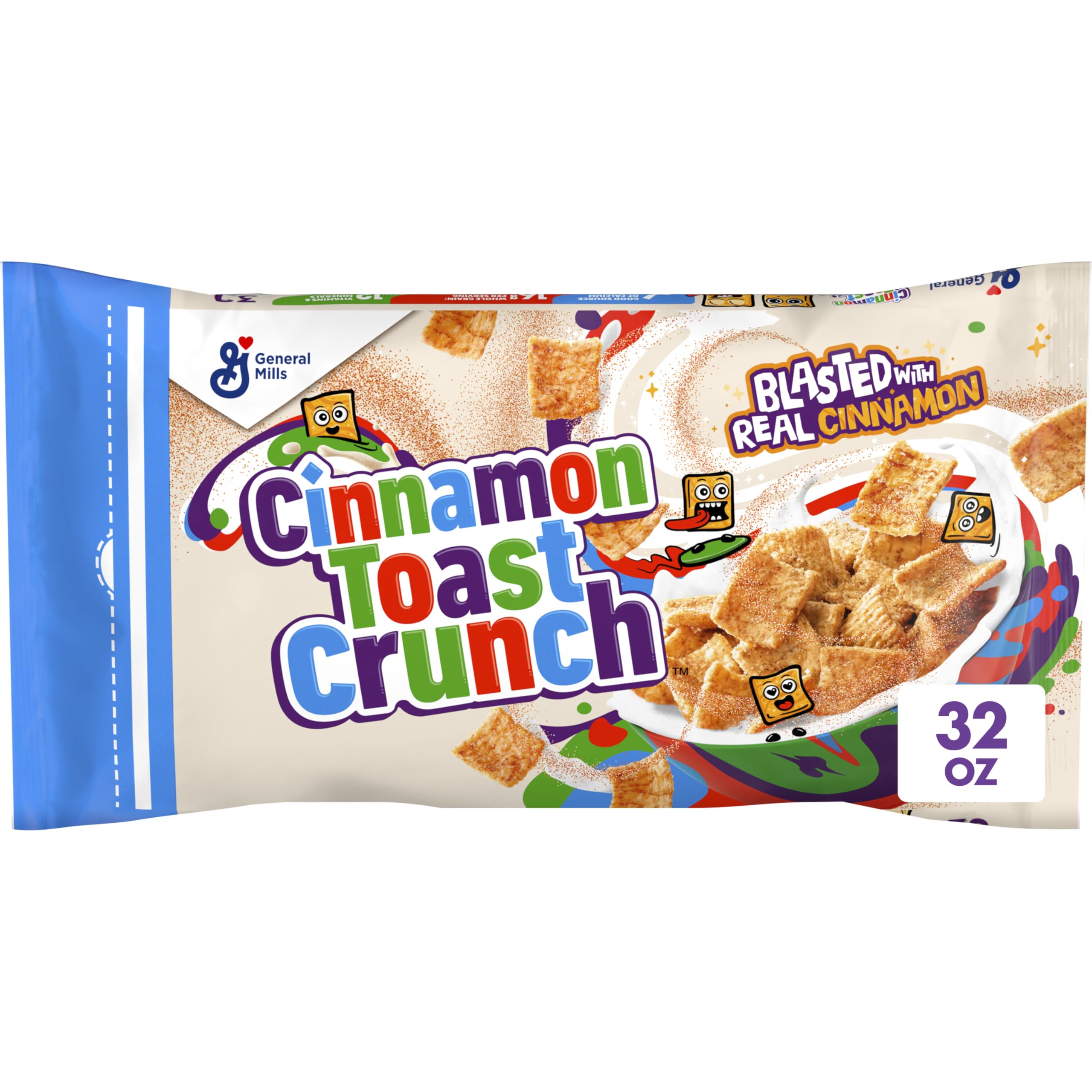 Cinnamon Toast Crunch 32 oz bag front view with resealable closure for easy storage