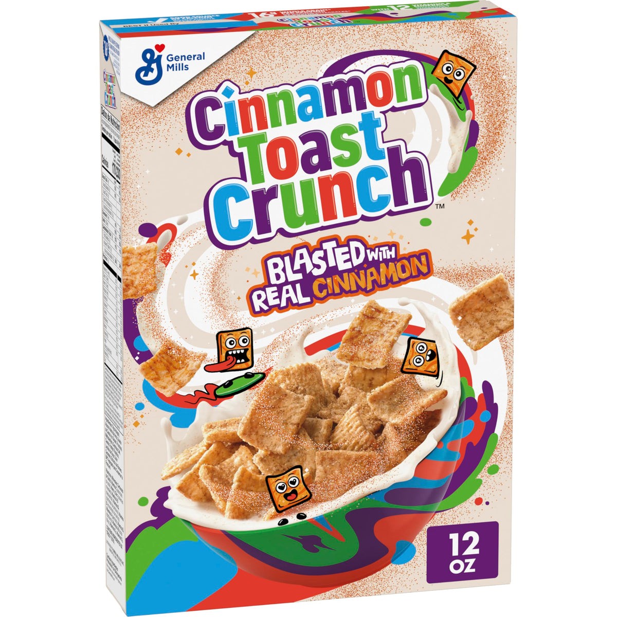 Cinnamon Toast Crunch bowl with milk showing crispy CINNADUST squares for a quick breakfast.
