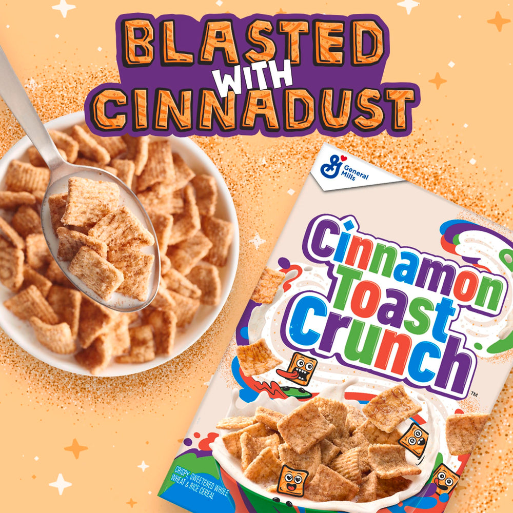 Cinnamon Toast Crunch being scooped into a spoon for a crispy bite