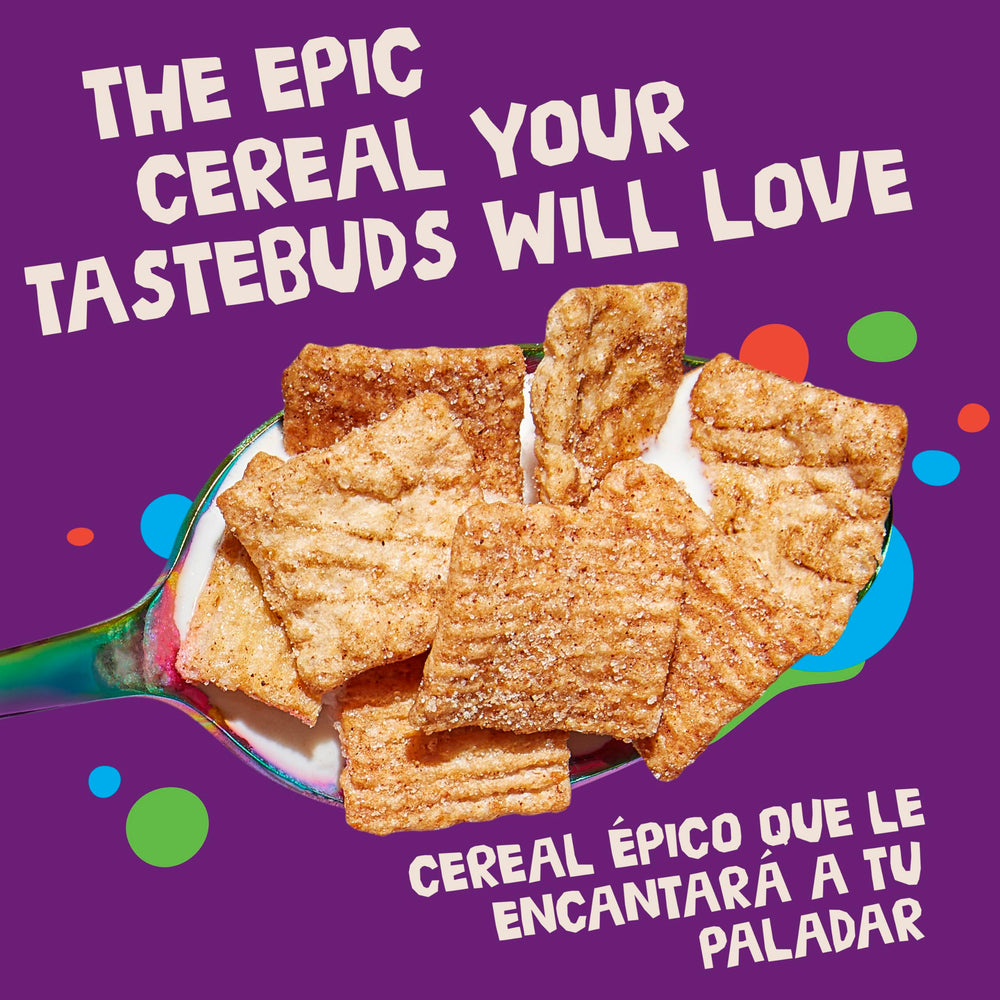 CINNADUST-coated cereal squares glisten for a crispy, cinnamon-filled bite