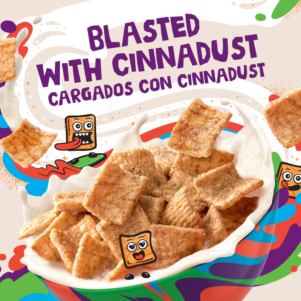 Cinnamon Toast Crunch close-up highlighting CINNADUST and texture.